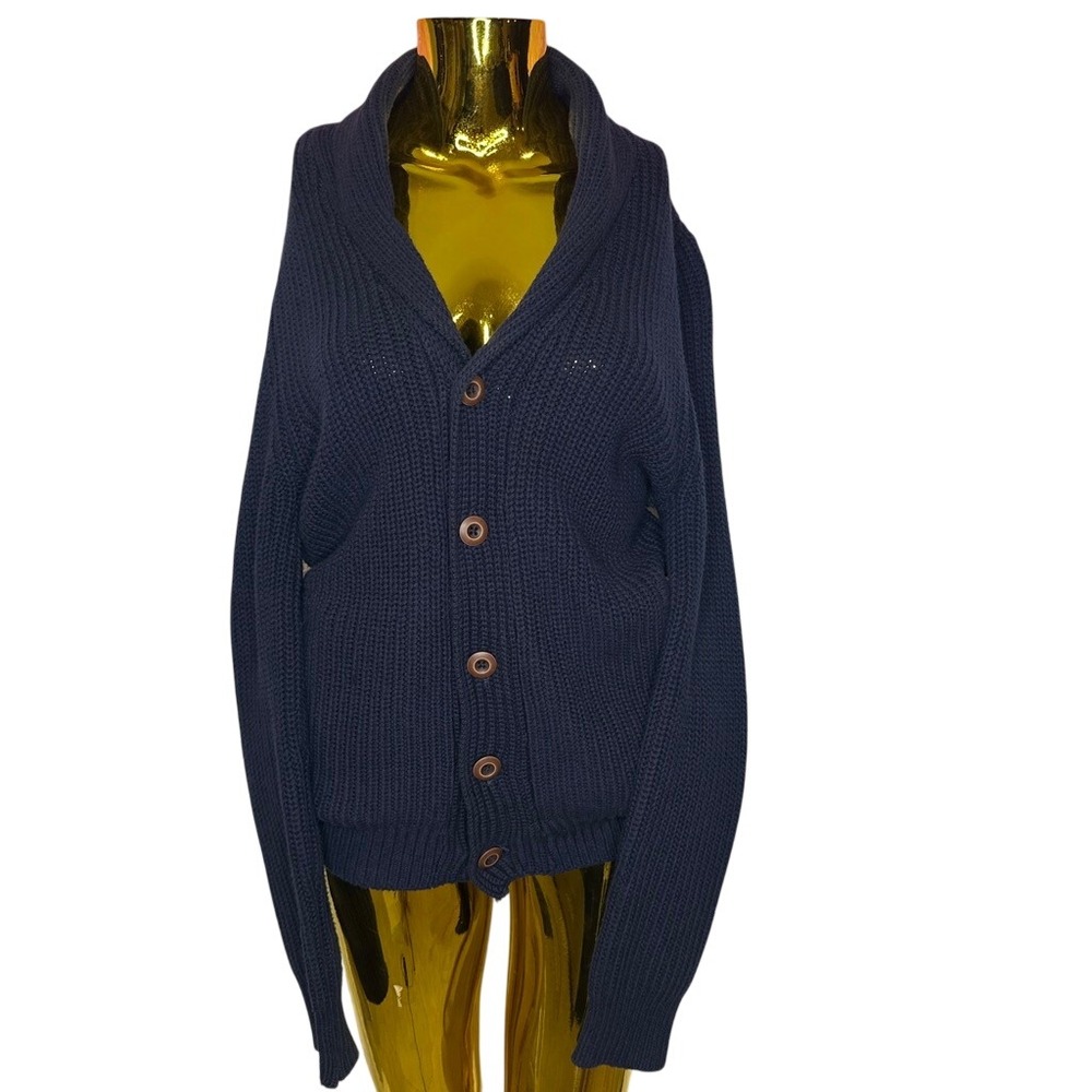 Express Fisherman Shawl Collar Cardigan Sweater Navy Blue Ribbed Knit MEDIUM - Picture 2 of 9